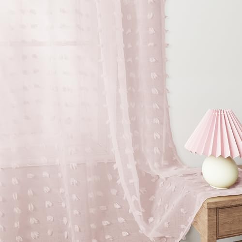 Guken Pink Grommet Pom Pom Sheer Curtains 54 Inch 2 Panels