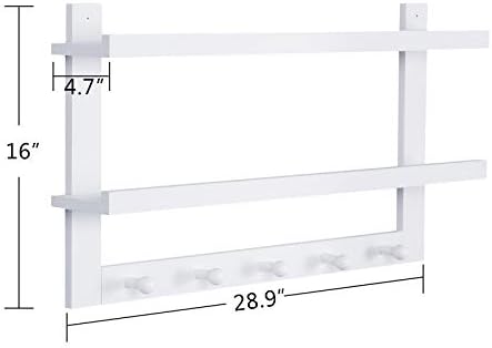 WELLAND 2 Tiers Floating Wall Shelf with 5 Hooks White