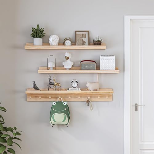 MBYD 36 Inch Floating Wood Shelf With Hooks