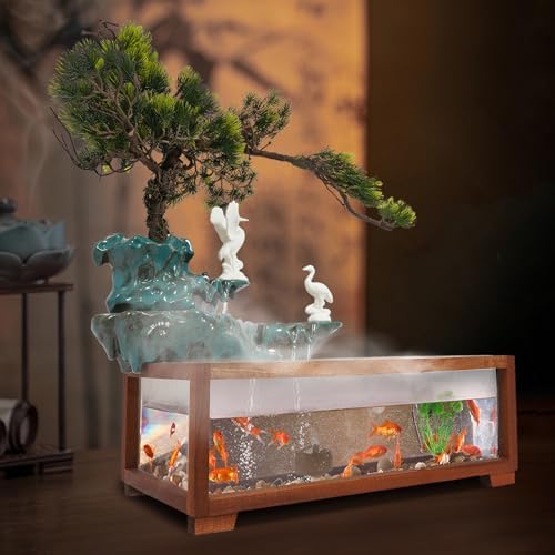 Antique Style Tabletop Water Fountain with Fish Tank and Crane Statues
