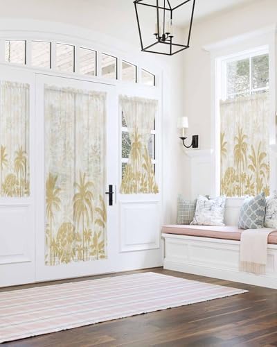 Beige Palm Tree French Door Curtain with Rod Pocket