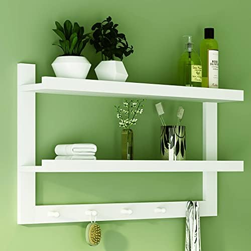 WELLAND 2 Tiers Floating Wall Shelf with 5 Hooks White