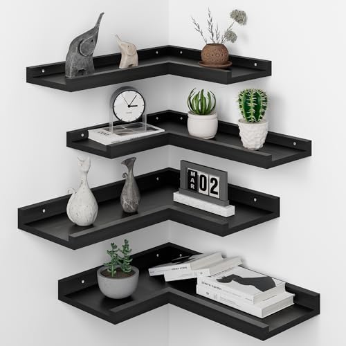 4 Tier Black Floating Corner Wall Shelf Set