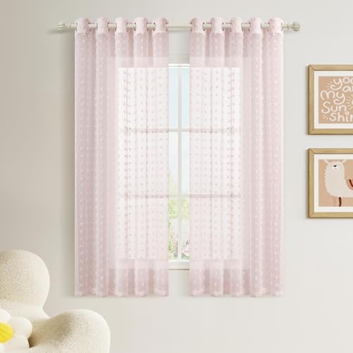 Guken Pink Grommet Pom Pom Sheer Curtains 54 Inch 2 Panels