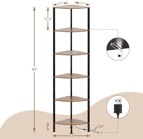6-Tier Corner Shelf with Light and Storage