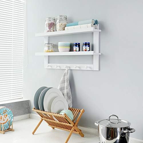 WELLAND 2 Tiers Floating Wall Shelf with 5 Hooks White