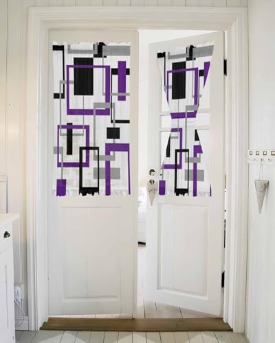 Purple Black Geometric French Door Curtain with Tieback