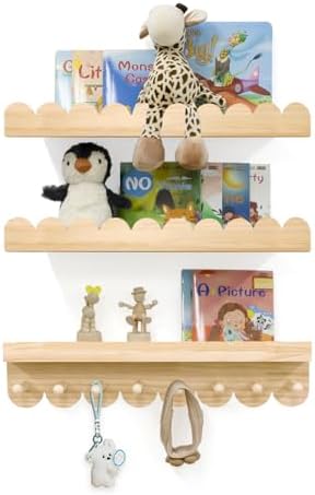 Floating Nursery Book Shelves with Hooks - Set of 3 20 Inches