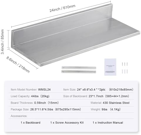 Happybuy 86 x 24 Stainless Steel Floating Shelf with Backsplash