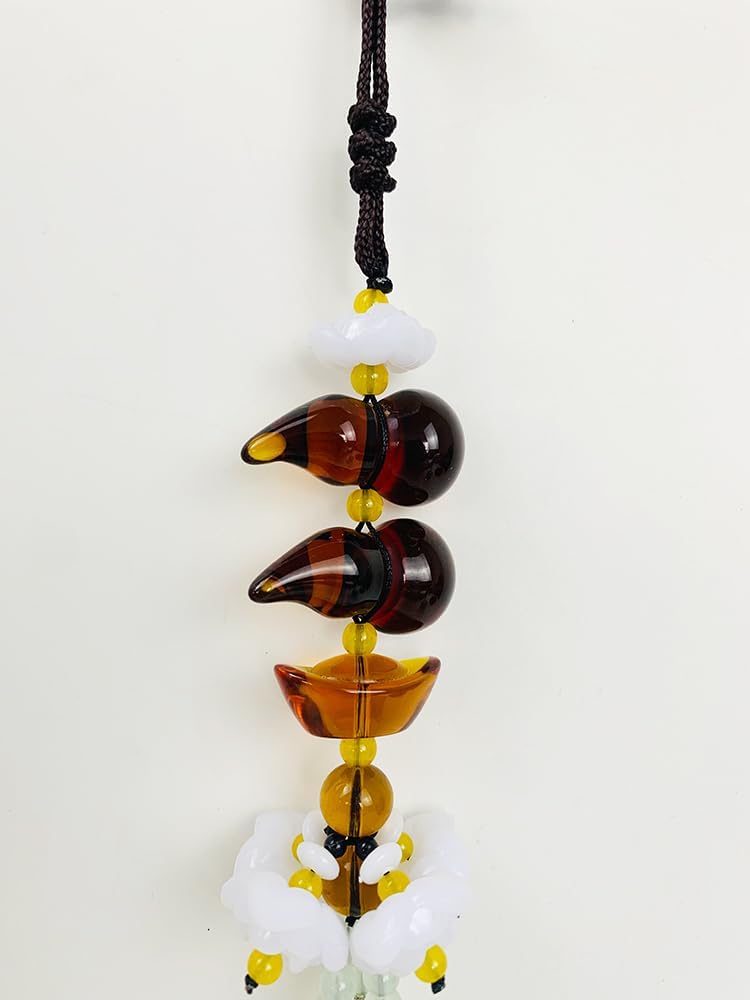 Feng Shui Car Hanging Pendant with Lotus Gourd Jade Symbols Brown