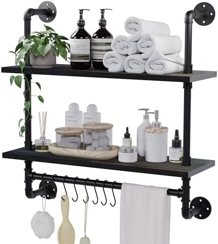 ROGMARS Industrial Pipe Bathroom Shelves with Towel Bar Hooks