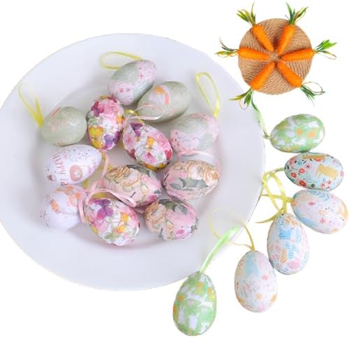 24PCS Easter Egg Ornaments with Floral Pattern and Hanging Ribbons