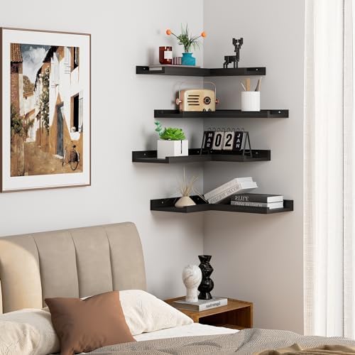 4 Tier Black Floating Corner Wall Shelf Set
