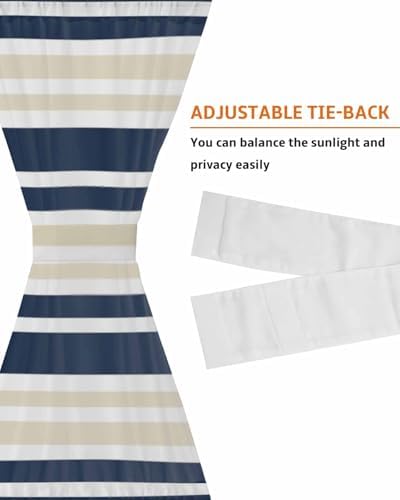 Navy Blue Khaki Striped French Door Curtain Panel