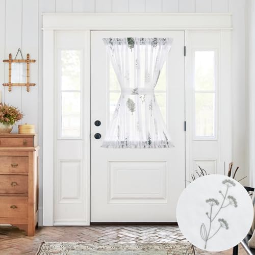 Jinchan French Sheer Door Curtain Panel 40 Inches Green on White