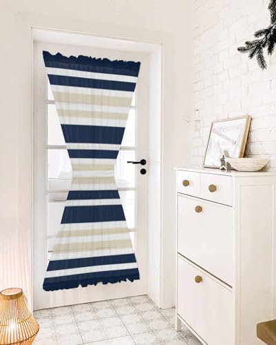 Navy Blue Khaki Striped French Door Curtain Panel