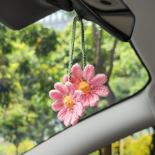 Cute Crochet Double Daisy Rear View Mirror Accessory