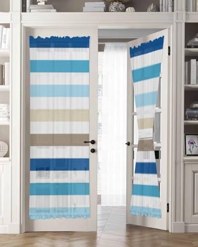 Blue Teal Brown Striped French Door Curtains 54W x 72L