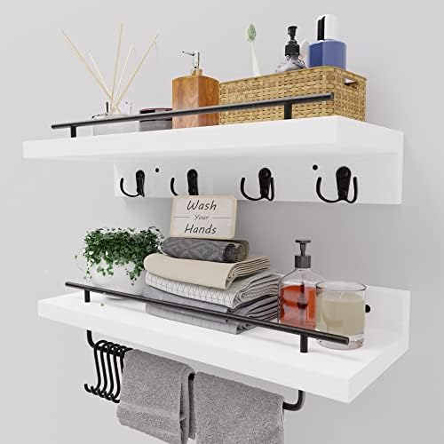 Ecowillon Pine Floating Shelves with Hooks Set of 2