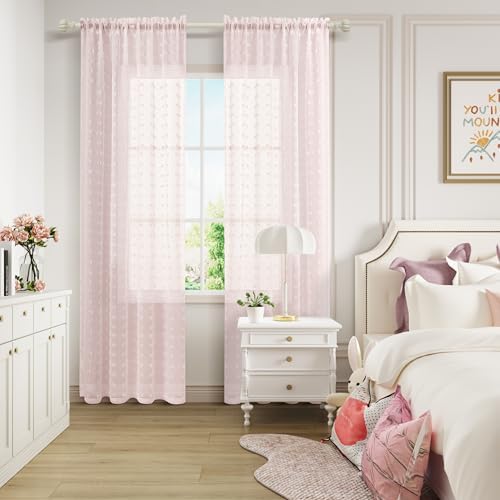 Guken Pink Grommet Pom Pom Sheer Curtains 54 Inch 2 Panels