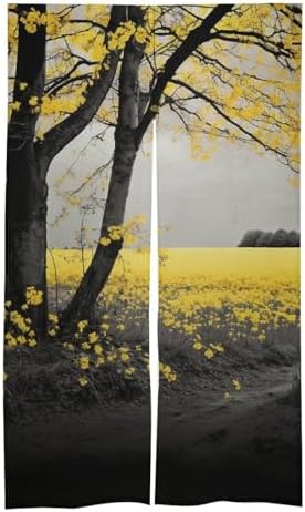 Japanese Noren Black Trees Yellow Flowers Door Curtain