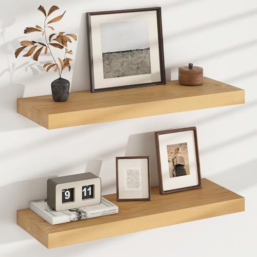 FLYJOE Floating Shelves Set of 2 24 Inch Natural Wooden Wall Mounts