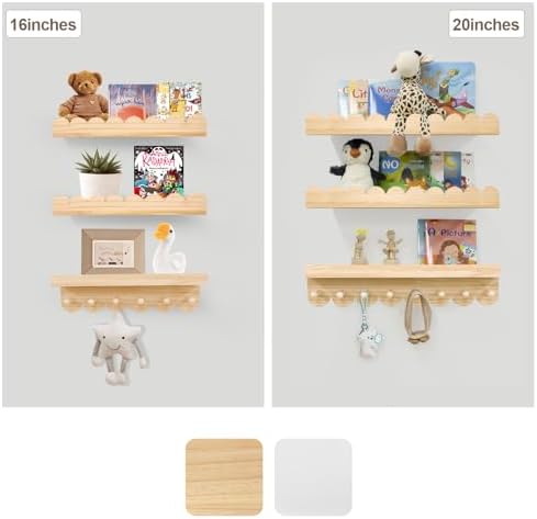 Floating Nursery Book Shelves with Hooks - Set of 3 20 Inches