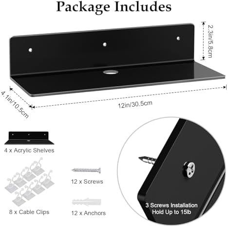 12 Inch Black Acrylic Floating Shelves 4 Pack