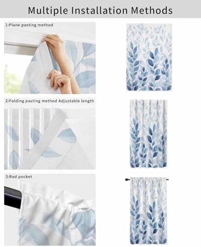 Blue Eucalyptus Leaves Self Adhesive Portable Curtains for Windows