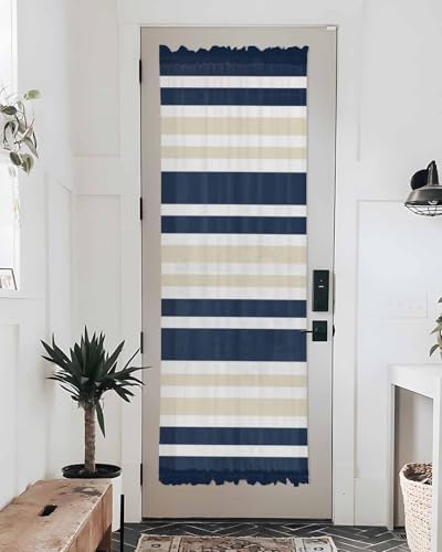 Navy Blue Khaki Striped French Door Curtain Panel