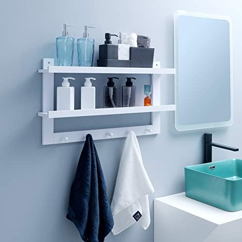 WELLAND 2 Tiers Floating Wall Shelf with 5 Hooks White