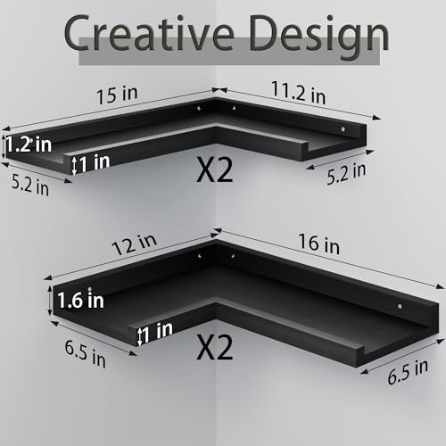 4 Tier Black Floating Corner Wall Shelf Set