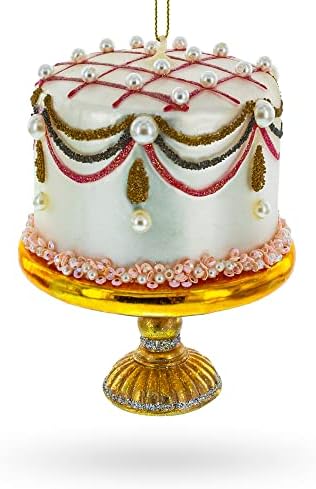 Pearl Adorned Celebration Cake Glass Christmas Ornament