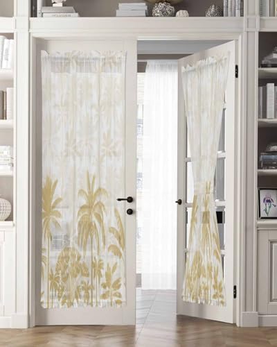 Beige Palm Tree French Door Curtain with Rod Pocket