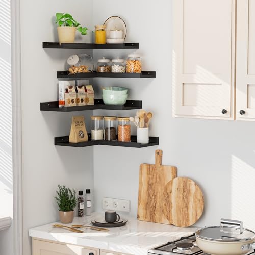 4 Tier Black Floating Corner Wall Shelf Set
