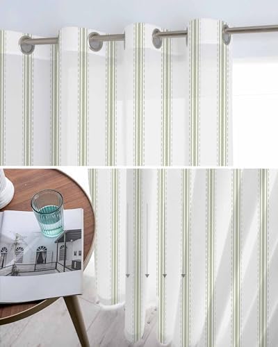 Sage Green Stripes Sheer Curtains 2 Panels Set 72 Inches Long