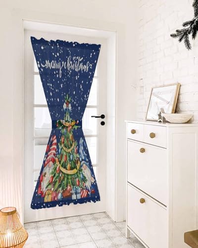 Christmas French Door Curtain with Blue Gnomes and Snowflakes Design