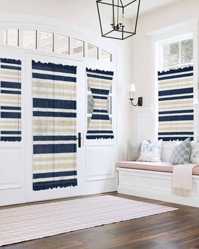 Navy Blue Khaki Striped French Door Curtain Panel