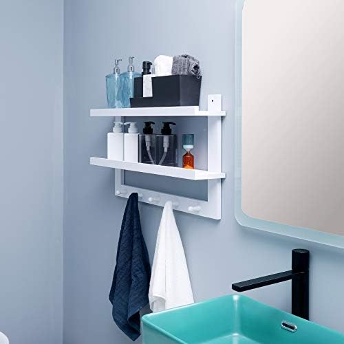 WELLAND 2 Tiers Floating Wall Shelf with 5 Hooks White
