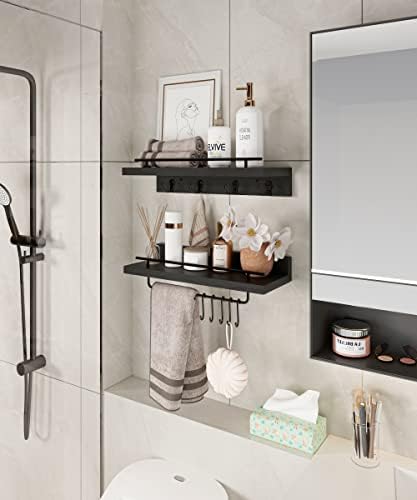 Wood Floating Shelves with 9 Hooks Black Set of 2