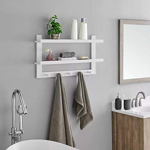 WELLAND 2 Tiers Floating Wall Shelf with 5 Hooks White