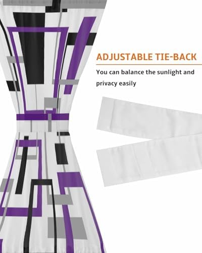 Purple Black Geometric French Door Curtain with Tieback