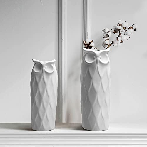 Owl Ceramic Vase Set of 2 Modern White Decor