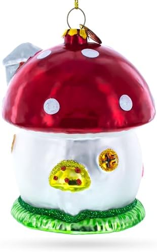 Whimsical Fairy Tale Mushroom House Glass Christmas Ornament 1