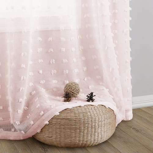 Guken Pink Grommet Pom Pom Sheer Curtains 54 Inch 2 Panels