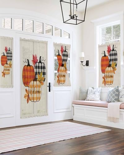 Orange Pumpkins French Door Curtain with Plaid Design