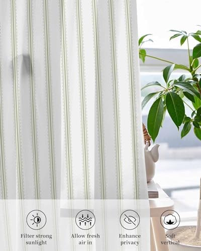 Sage Green Stripes Sheer Curtains 2 Panels Set 72 Inches Long