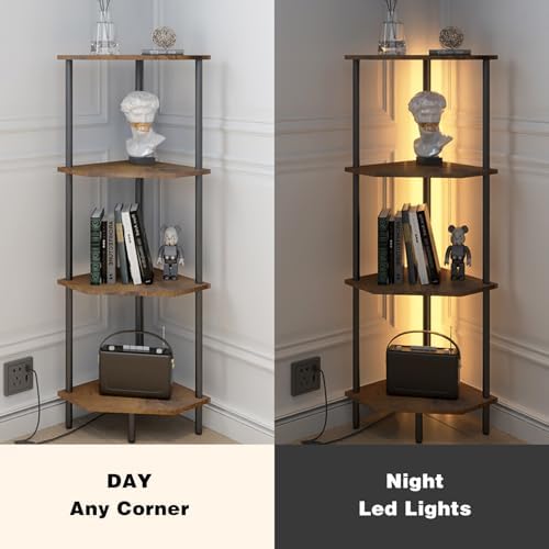 4 Tier Corner Shelf with LED Light and Storage