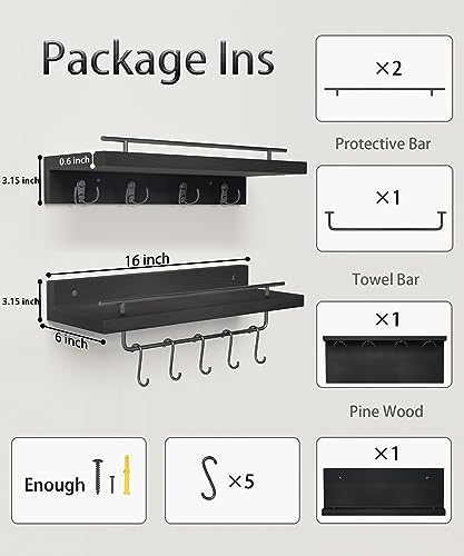 Wood Floating Shelves with 9 Hooks Black Set of 2
