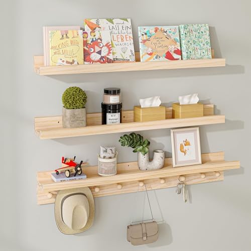 MBYD 36 Inch Floating Wood Shelf With Hooks